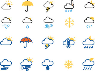 Obraz premium Colorful set of weather forecast and climate condition icons including sun clouds rain snow