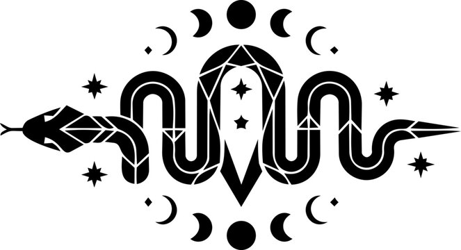 Mystical Celestial Snake with Crescent Moon and Star Constellations