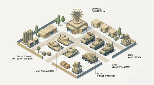 Isometric military radar and air defense base vector illustration with missile battery, tanks, and armored transport vehicles
