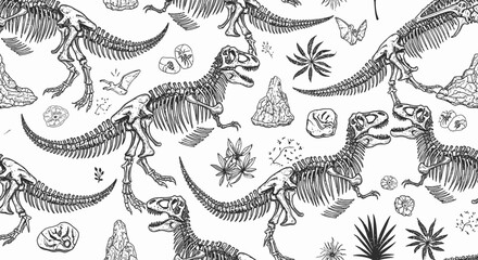 Black and white dinosaur skeleton illustration. © Sendang