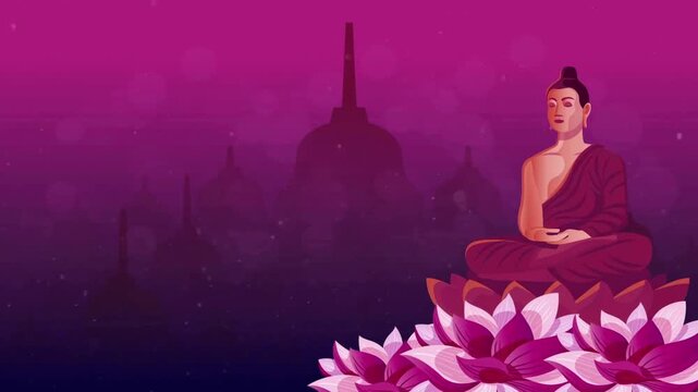 Buddha statue sitting on a lotus flower in front of Borobudur temple silhouettes at night.