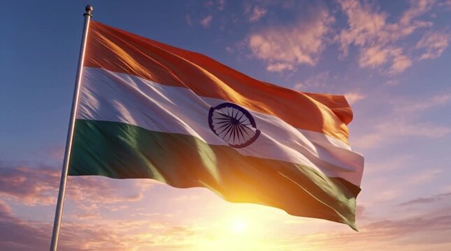 Indian Flag Flying in Golden Sunset Setting