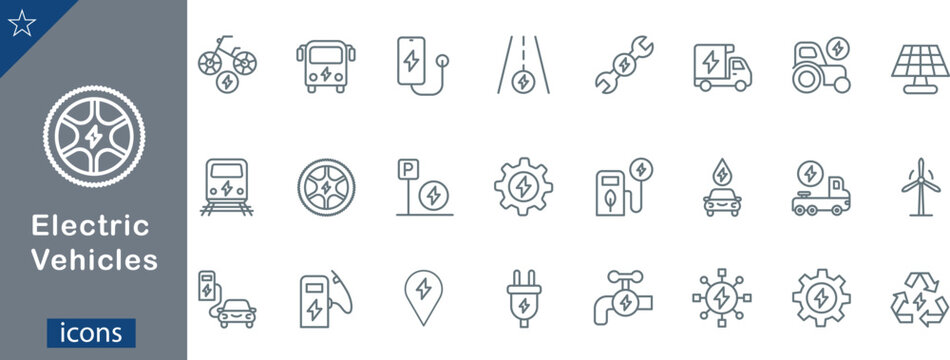 Monolinear Electric Vehicles and Green Transportation Icons Set 24 EV Charging, Eco Mobility, Battery, and Renewable Energy Vector Illustrations
