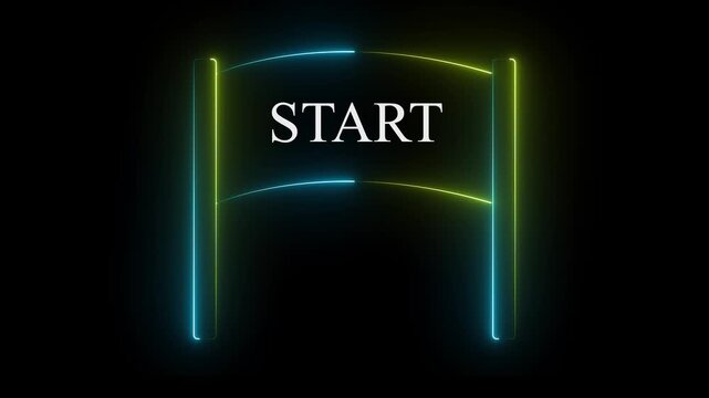 Neon glowing blue and yellow color start banner icon on black background. Race finish flag icon animation.