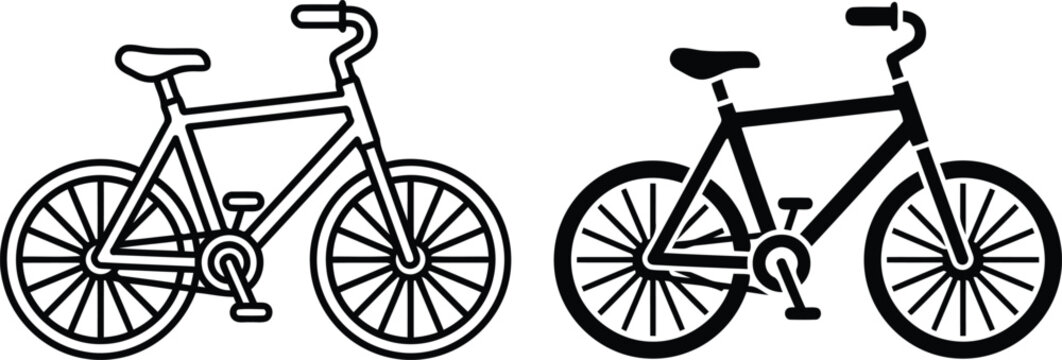 Outline and silhouette bicycle icons vector illustration two wheel mountain bike road bike