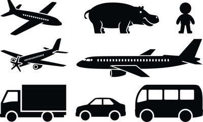 Silhouettes of airplane, jet, truck, car, bus, hippopotamus, and human figure representing transportation, wildlife, and lifestyle themes © MstSakila