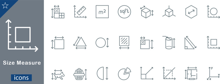 Monolinear Size Measure and Dimensions Icons Set 24 Vector Illustrations for Geometric Scaling, Area Calculation, 3D Coordinates, and Blueprint Layouts