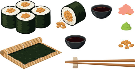 Japanese Natto Sushi and Traditional Food Vector Collection with Soybean Rolls, Seaweed Mat, Soy Sauce, Wasabi, and Chopstick Elements © MD SOJIB 