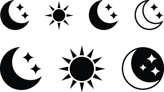 Silhouettes of celestial icons including crescent moons, stars, and suns representing night, day, and cosmic design concepts