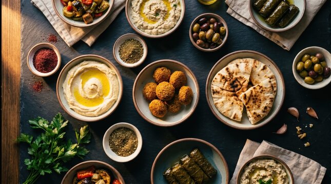 Middle Eastern meze platter with hummus, falafel, and pita bread on dark slate, Mediterranean and Arabic cuisine concept, top view for restaurant menu.