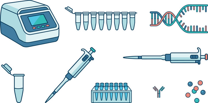Laboratory Biotechnology and Genetic Research Vector Collection with DNA Strand, Micropipette, Test Tubes, PCR Machine, and Scientific Equipment