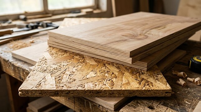Plywood and OSB wood panels in a carpenter workshop