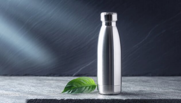 Reusable stainless steel vacuum insulated water bottle standing on a grey stone ledge with a single green leaf against a dark textured slate background with soft light.