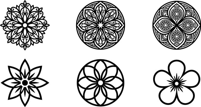 Mandala and Floral Geometric Icon Set with Luxury Rosette Blossom and Abstract Ornament Symbols for Spa, Wellness, and Decorative Logo Designs