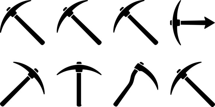 Mining Pickaxe Silhouette Icon Set with Mattock and Scythe Hand Tool Symbols for Construction, Coal Mine, Industry, and Geology Graphic Designs