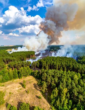 Aerial view of forest fire with smoke and trees (1)