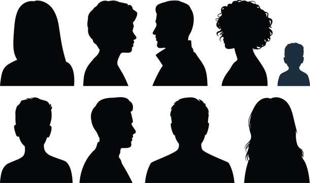 Silhouettes of human head and shoulder profiles showing male, female, and child variations with diverse hairstyles and orientations