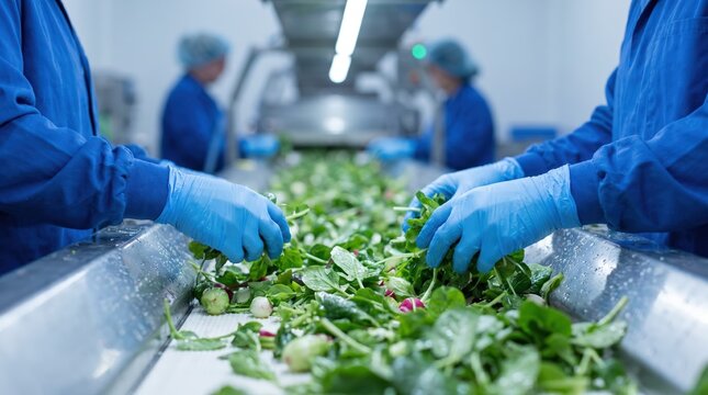 Workers in blue gloves sorting fresh green salad on conveyor belt in food processing factory, industrial food production and quality control concept.