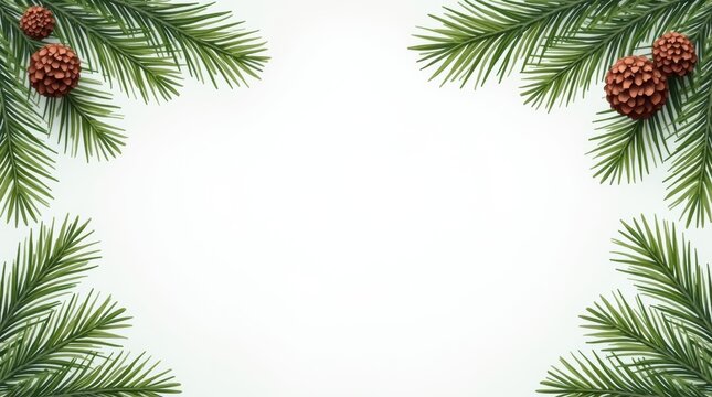 Christmas holiday frame with green pine tree branches and brown pine cones for winter season decoration and festive greeting card design