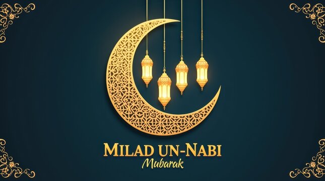 Golden crescent moon and hanging lanterns design for milad un-nabi mubarak celebration on a dark green background with ornate floral corners