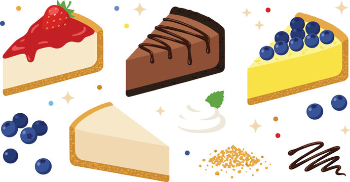 Cheesecake Vector Set Featuring Strawberry, Chocolate, Blueberry, Plain Slices, Whipped Cream, and Dessert Garnishes for Websites, Apps, and Digital Designs