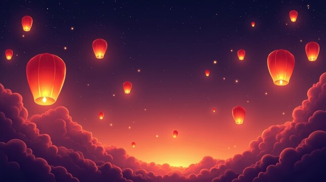 Many glowing red lanterns floating in the dark night sky above fluffy clouds at sunset