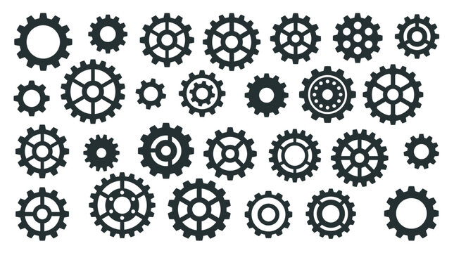 A collection of various sized gears and cogs arranged in a grid pattern