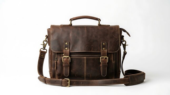 Vintage Brown Leather Briefcase Isolated on White Background