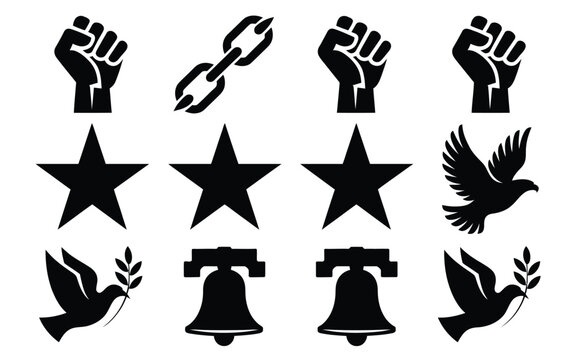 Vector illustration of black silhouettes featuring fists stars doves and bells on white background symbolizing peace freedom and protest