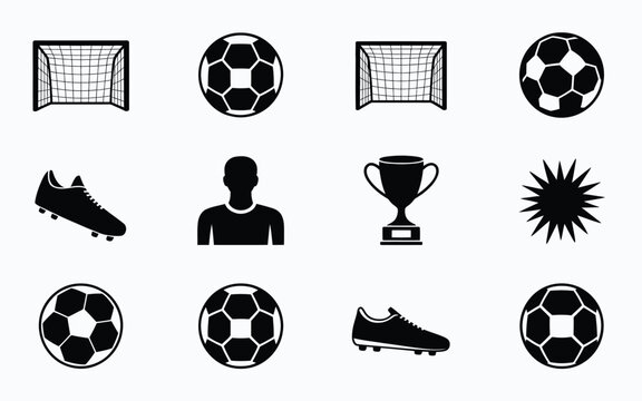 Minimalist football icon pack with silhouettes of goals balls shoes player and trophy on white background