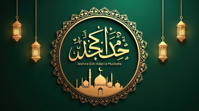 Islamic calligraphy design with golden mosque silhouette and hanging lanterns on a dark green background for ramadan kareem and eid celebration greeting card