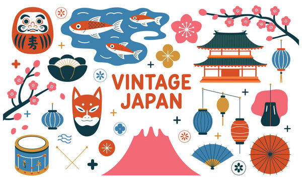 Japanese vintage travel poster with mount fuji and landmarks, red and blue palette