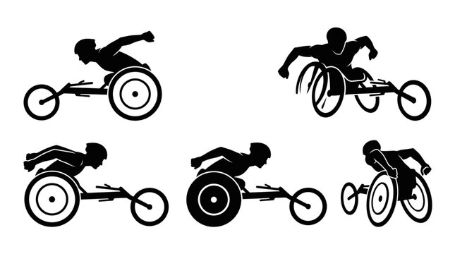 Set of black silhouettes of wheelchair athletes racing.