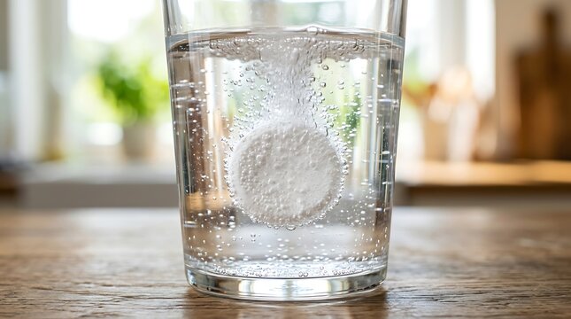 Effervescent tablet dissolving in a glass of water on a table
