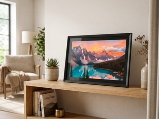 Fototapeta premium Sleek horizontal smart digital frame showing a beautiful alpine lake reflection scene, styled on a light oak console table in a cozy apartment.