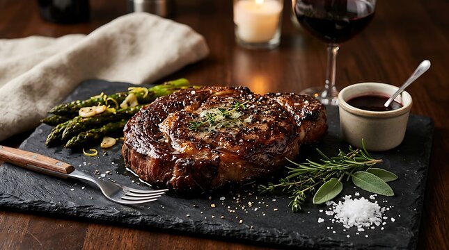 Juicy Grilled Ribeye Steak with Asparagus and Red Wine on Slate