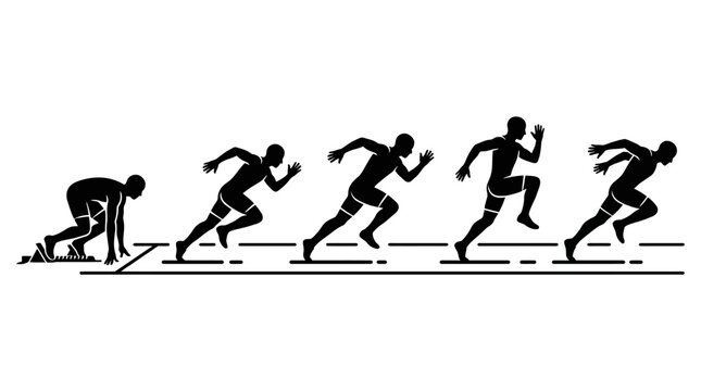 Silhouette sequence of a sprinter starting and running a race.