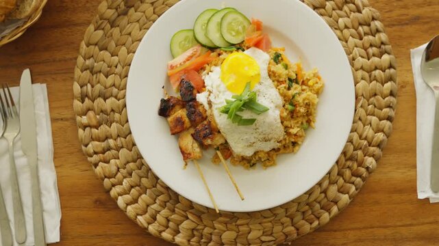 Traditional Indonesian mie goreng served with fried egg, vegetables, and savory spices.