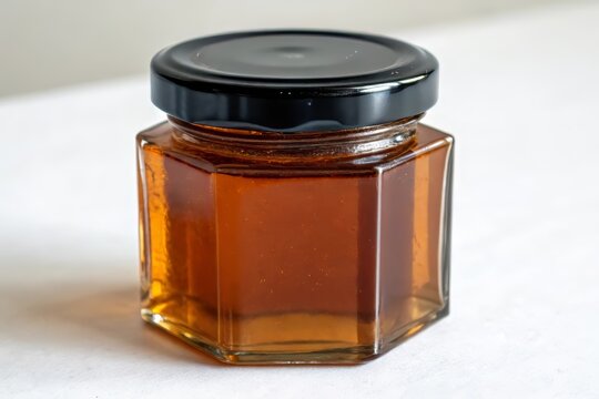 Golden honey fills hexagonal glass jar