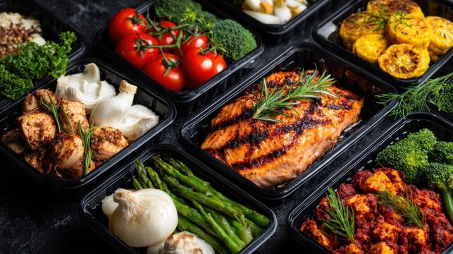 Numerous prepackaged meal containers display freshly prepared, healthy dishes ready for consumption.