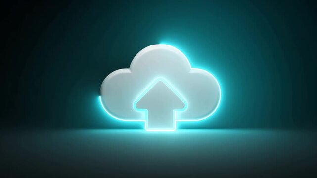Glowing cloud icon with upward arrow on dark background symbolizing data upload