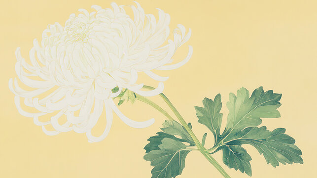 Square pale yellow painting white chrysanthemum stylized light green stem leaves long curved petals to right and bottom diagonal stem downward dark green leaves solid background