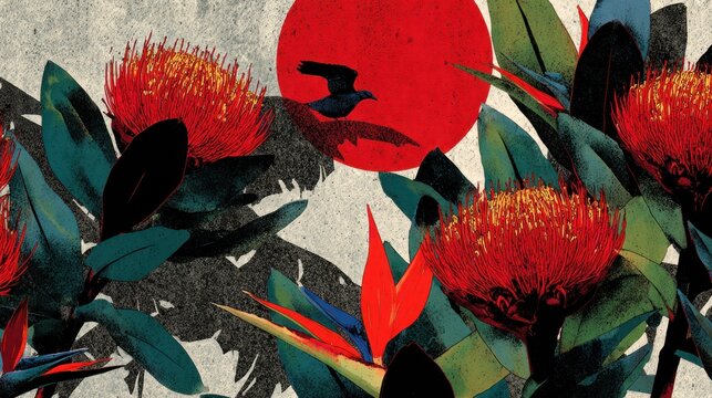 Vibrant tropical flora and a dark silhouetted avian form contrast against a bold red celestial disc.