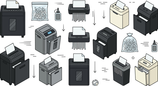 Paper Shredder Vector Set Featuring Office Shredders, Crumpled Paper, Waste Bags, and Security Document Disposal Tools for Websites, Apps, and Digital Designs