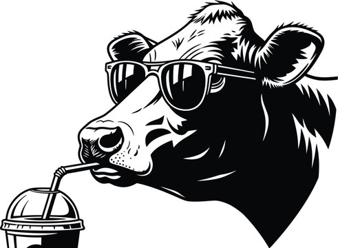 Black and white of a bear's head wearing sunglasses, drinking from a straw