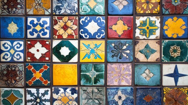 Decorative background of multicolored Moroccan tiles with glazed surface, showing craftsmanship and cultural richness