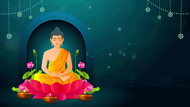 Buddha statue meditating inside a traditional temple arch surrounded by blooming pink lotuses.