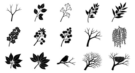 Fototapeta premium Black silhouette tree and leaf icons, 16 botanical symbols, vector graphics, nature illustrations, plant silhouettes