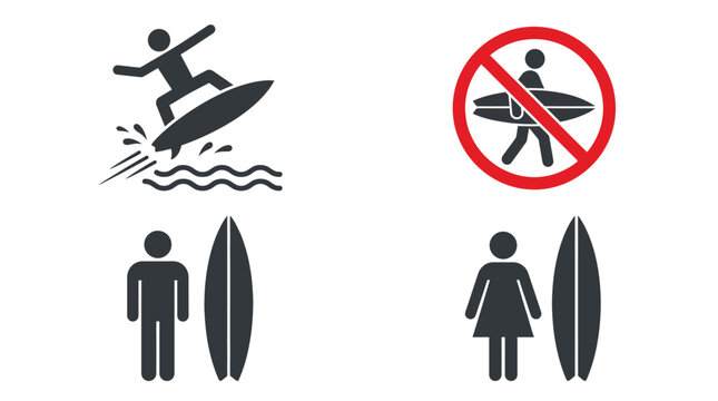 Collection of surfing icons representing activity, prohibition, and changing facilities