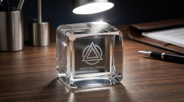 Transparent glass cube paperweight with laser-etched corporate logo for Apex Solutions, sitting on a polished wooden desk with a lamp, fountain pen, and leather folder background.